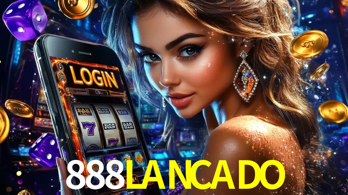Mulher glamorosa segurando um smartphone com a tela de login para os jogos de caça-níqueis do cassino online 888LANCADO, com moedas de ouro e dados ao redor.