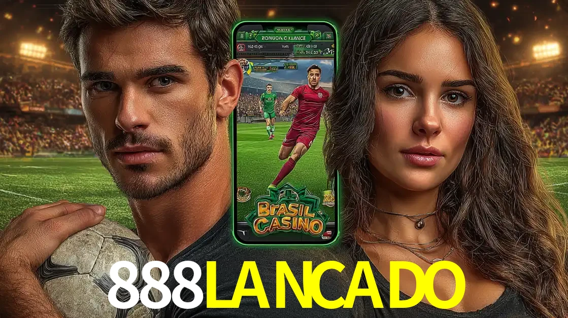 Homem segurando uma bola de futebol e uma mulher ao lado de um smartphone exibindo o jogo de apostas esportivas da 888LANCADO. Faça seu palpite no cassino online.